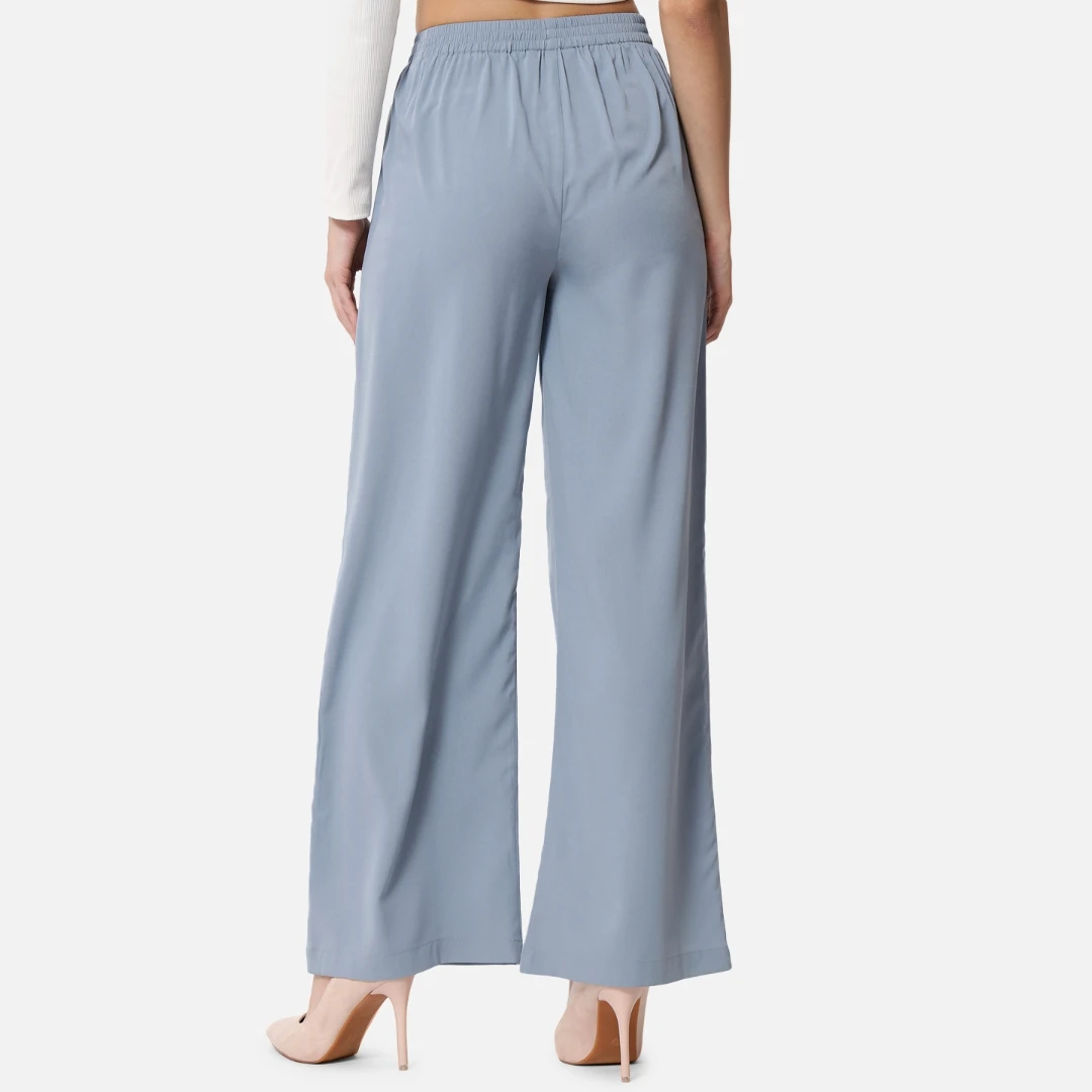 Women Light Blue Solid Relaxed Fit Crepe Trousers