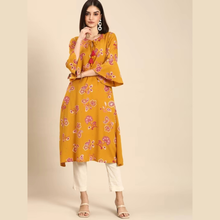 Women-Mustard-Yellow-Ethnic-Motifs-Printed-Flared-Sleeves-Kurta