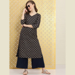 Women Navy Blue & Gold-Toned Foil Printed Rozana Kurta