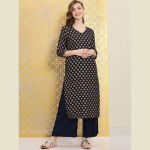 Women Navy Blue & Gold-Toned Foil Printed Rozana Kurta