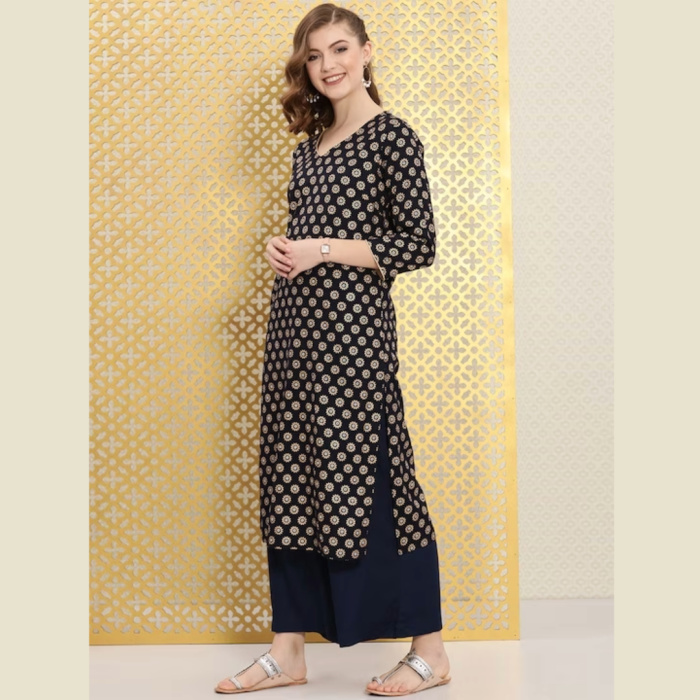 Women Navy Blue & Gold-Toned Foil Printed Rozana Kurta