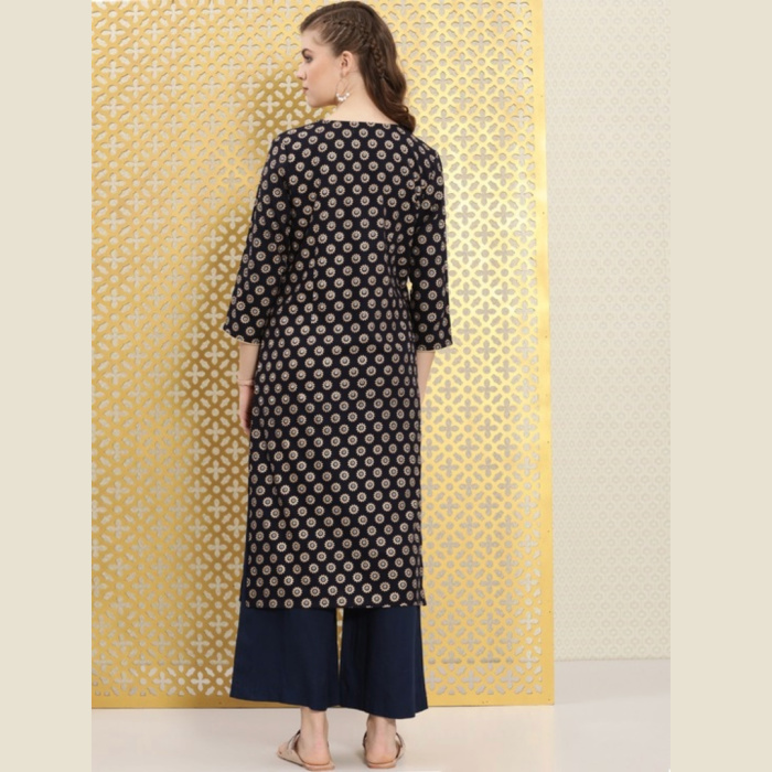 Women Navy Blue & Gold-Toned Foil Printed Rozana Kurta