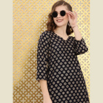 Women Navy Blue & Gold-Toned Foil Printed Rozana Kurta