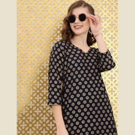 Women Navy Blue & Gold-Toned Foil Printed Rozana Kurta