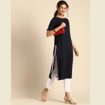 Women-Navy-Blue-Solid-Straight-Kurta