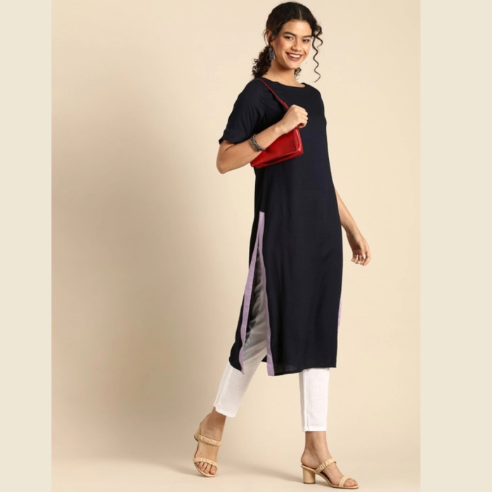 Women-Navy-Blue-Solid-Straight-Kurta