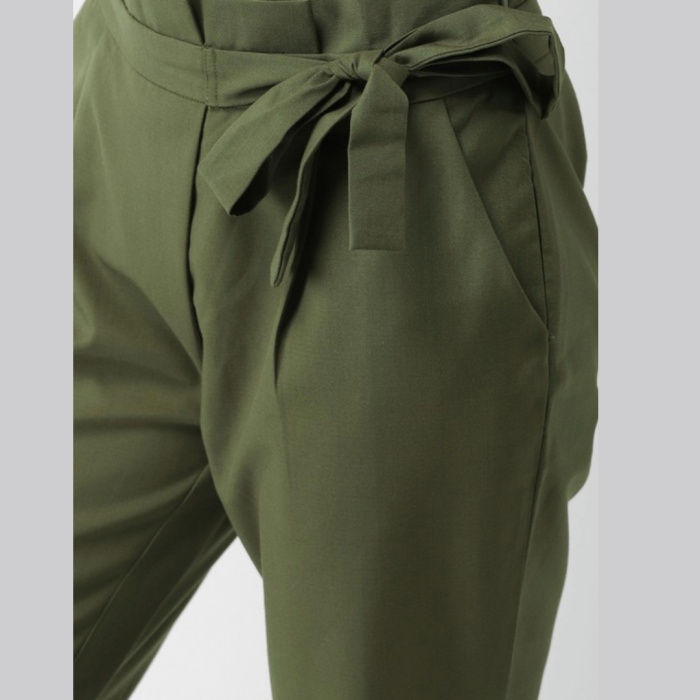 Women Olive Green Regular Fit Solid Peg Trousers