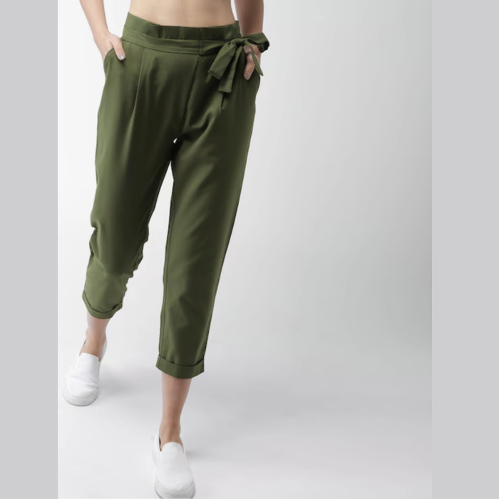 Women Olive Green Regular Fit Solid Peg Trousers