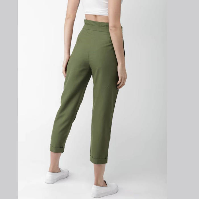 Women Olive Green Regular Fit Solid Peg Trousers