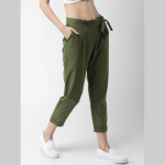 Women Olive Green Regular Fit Solid Peg Trousers