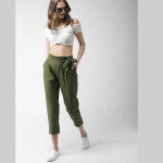 Women Olive Green Regular Fit Solid Peg Trousers