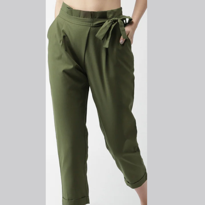 Women Olive Green Regular Fit Solid Peg Trousers