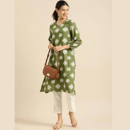 Women-Olive-Green-White-Ethnic-Motifs-Printed-Straight-Kurta