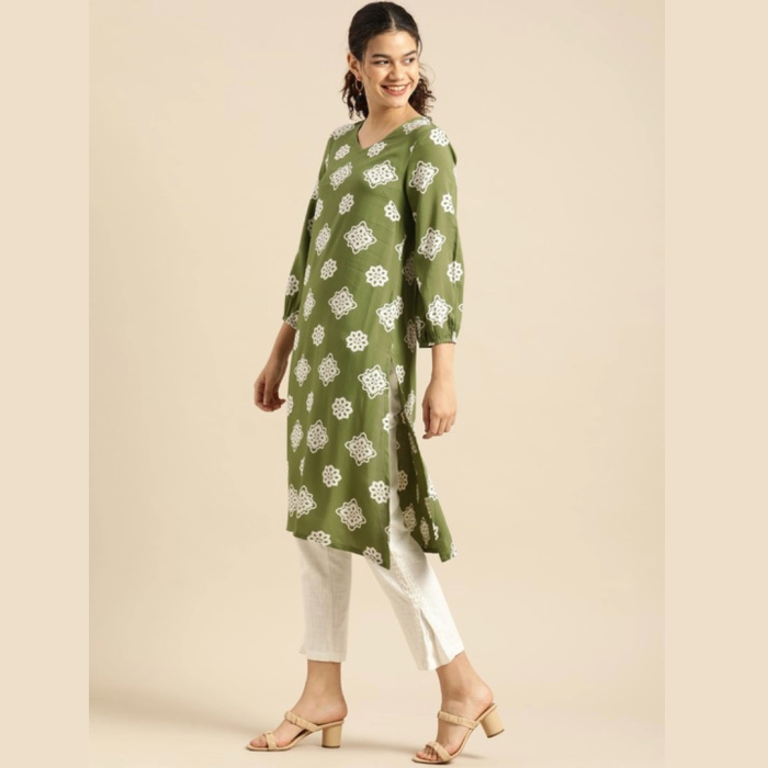 Women-Olive-Green-White-Ethnic-Motifs-Printed-Straight-Kurta