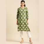 Women-Olive-Green-White-Ethnic-Motifs-Printed-Straight-Kurta