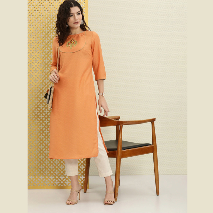 Women-Orange-Green-Embroidered-Rozana-Kurta