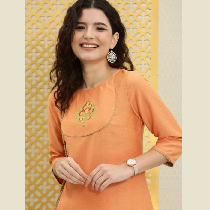 Women-Orange-Green-Embroidered-Rozana-Kurta