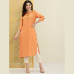 Women-Orange-Green-Embroidered-Rozana-Kurta