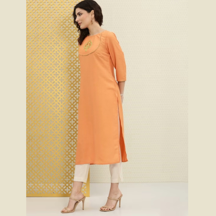 Women-Orange-Green-Embroidered-Rozana-Kurta