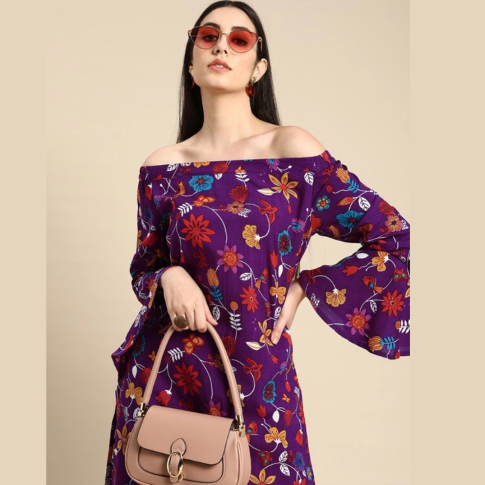 Women-Purple-Orange-Floral-Printed-Off-Shoulder-Flared-Sleeves-Kurta