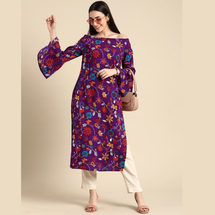 Women-Purple-Orange-Floral-Printed-Off-Shoulder-Flared-Sleeves-Kurta