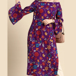 Women-Purple-Orange-Floral-Printed-Off-Shoulder-Flared-Sleeves-Kurta