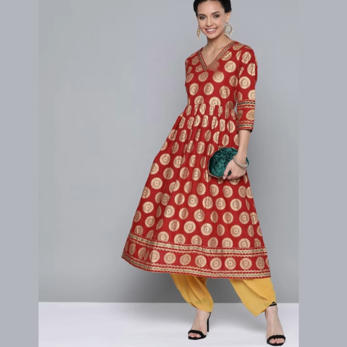 Women Red & Golden Ethnic Motifs Print Cotton Anarkali Kurta