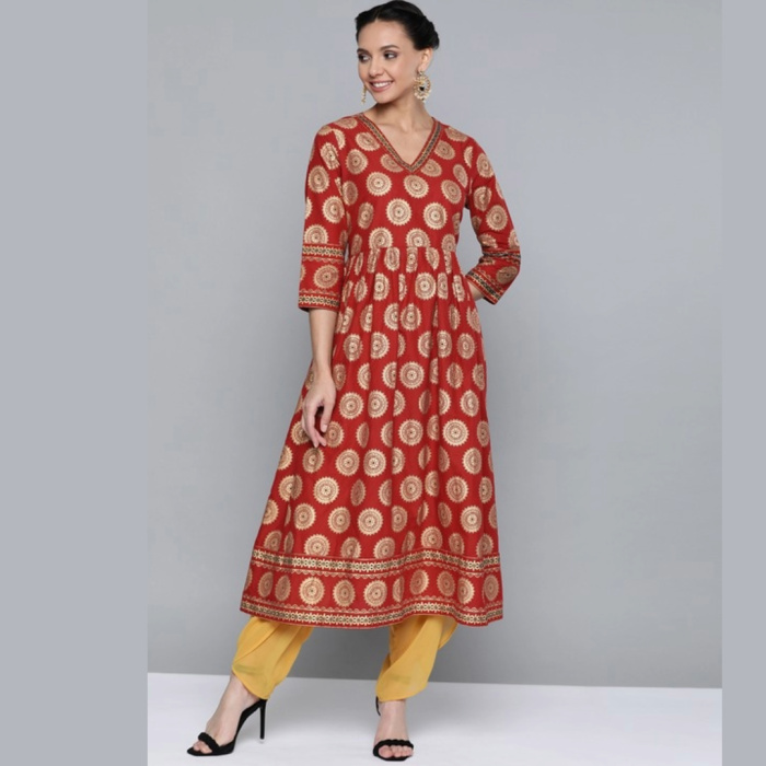 Women Red & Golden Ethnic Motifs Print Cotton Anarkali Kurta