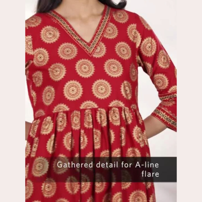 Women Red & Golden Ethnic Motifs Print Cotton Anarkali Kurta