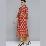 Women Red & Golden Ethnic Motifs Print Cotton Anarkali Kurta