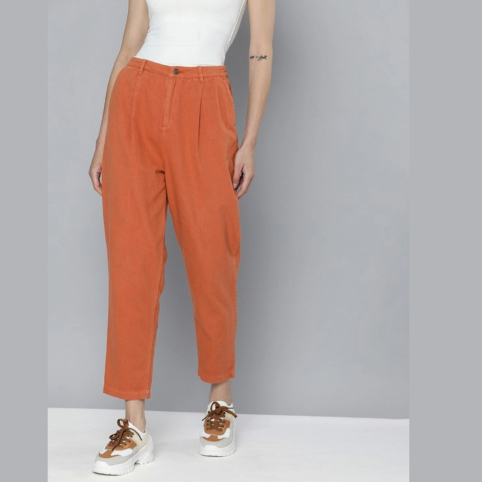 Women-Rust-Brown-Pleated-Barrel-Leg-Trousers