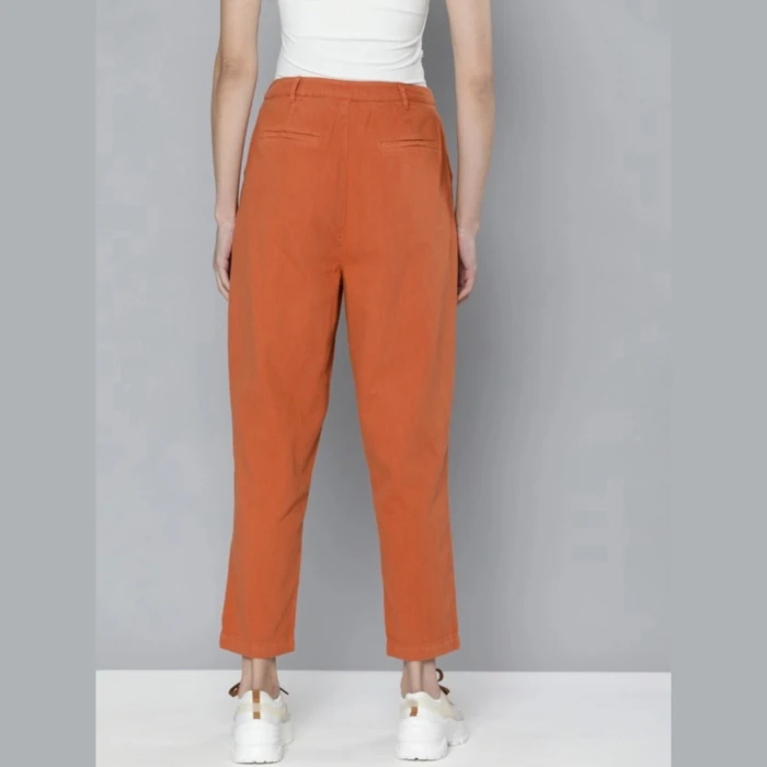 Women-Rust-Brown-Pleated-Barrel-Leg-Trousers
