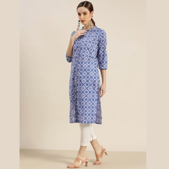 Women-White-Blue-Ethnic-Motifs-Print-Pure-Cotton-Straight-Kurta