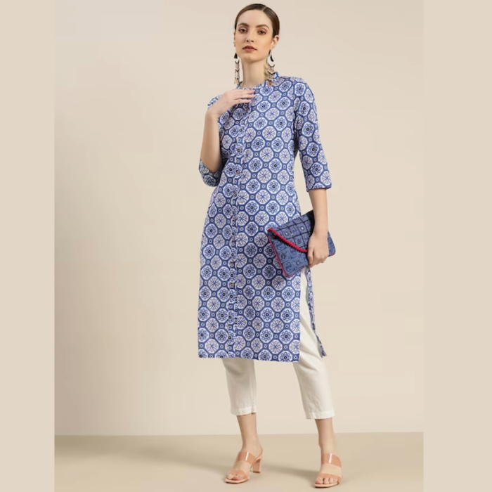 Women-White-Blue-Ethnic-Motifs-Print-Pure-Cotton-Straight-Kurta