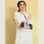 Women White & Navy Blue Ethnic Motifs Printed Rozana Kurta