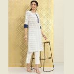 Women White & Navy Blue Ethnic Motifs Printed Rozana Kurta