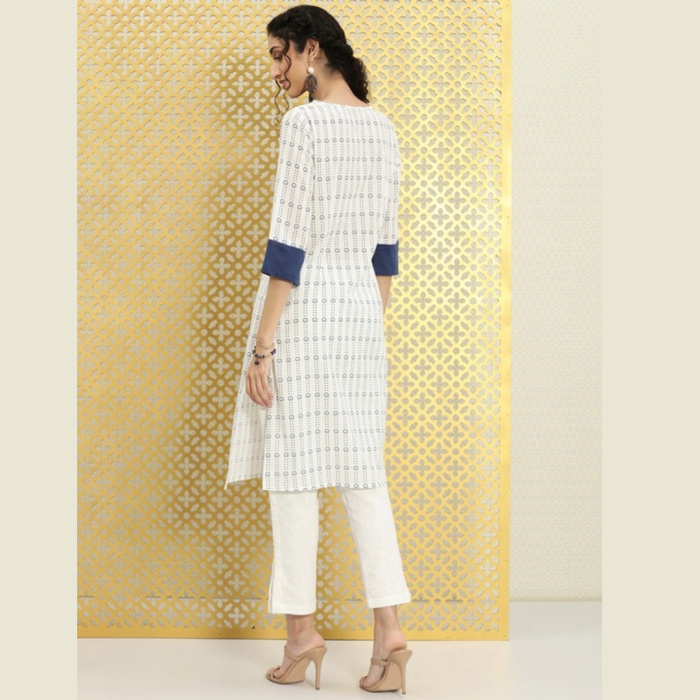 Women White & Navy Blue Ethnic Motifs Printed Rozana Kurta