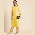 Women-Yellow-White-Floral-Printed-Thread-Work-Floral-Kurta