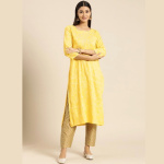 Women-Yellow-White-Floral-Printed-Thread-Work-Floral-Kurta