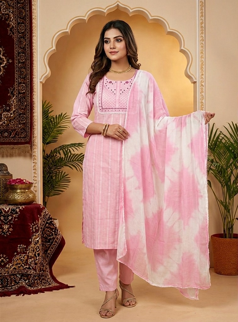 Pink Pure Cotton 3 Pcs Suit for Women