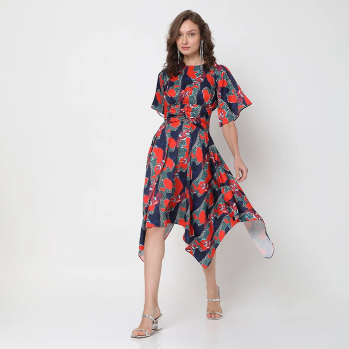 Asymmetric blue midi dress with all-over print