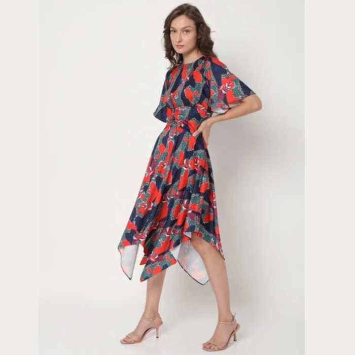 Blue printed midi dress with asymmetric hemline