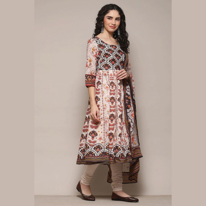 Cream Anarkali Suit Set With Block Floral Print