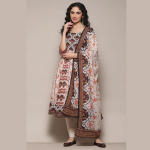 Cream Anarkali Suit Set With Block Floral Print