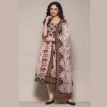 Cream Anarkali Suit Set With Block Floral Print