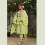 Green Cotton Kurta Tulip Pant with Dupatta