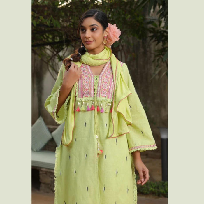 Green Cotton Kurta Tulip Pant with Dupatta