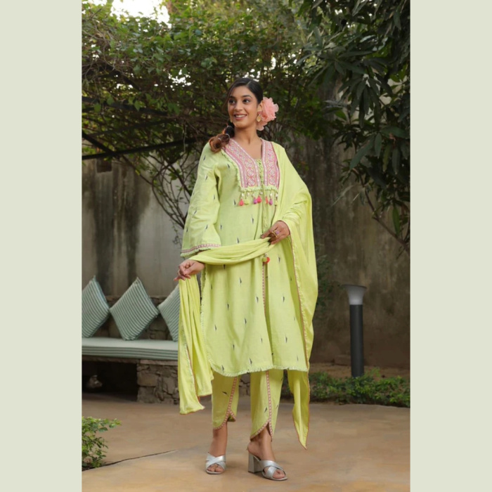 Green Cotton Kurta Tulip Pant with Dupatta