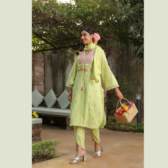 Green Cotton Kurta Tulip Pant with Dupatta