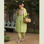 Green Cotton Kurta Tulip Pant with Dupatta